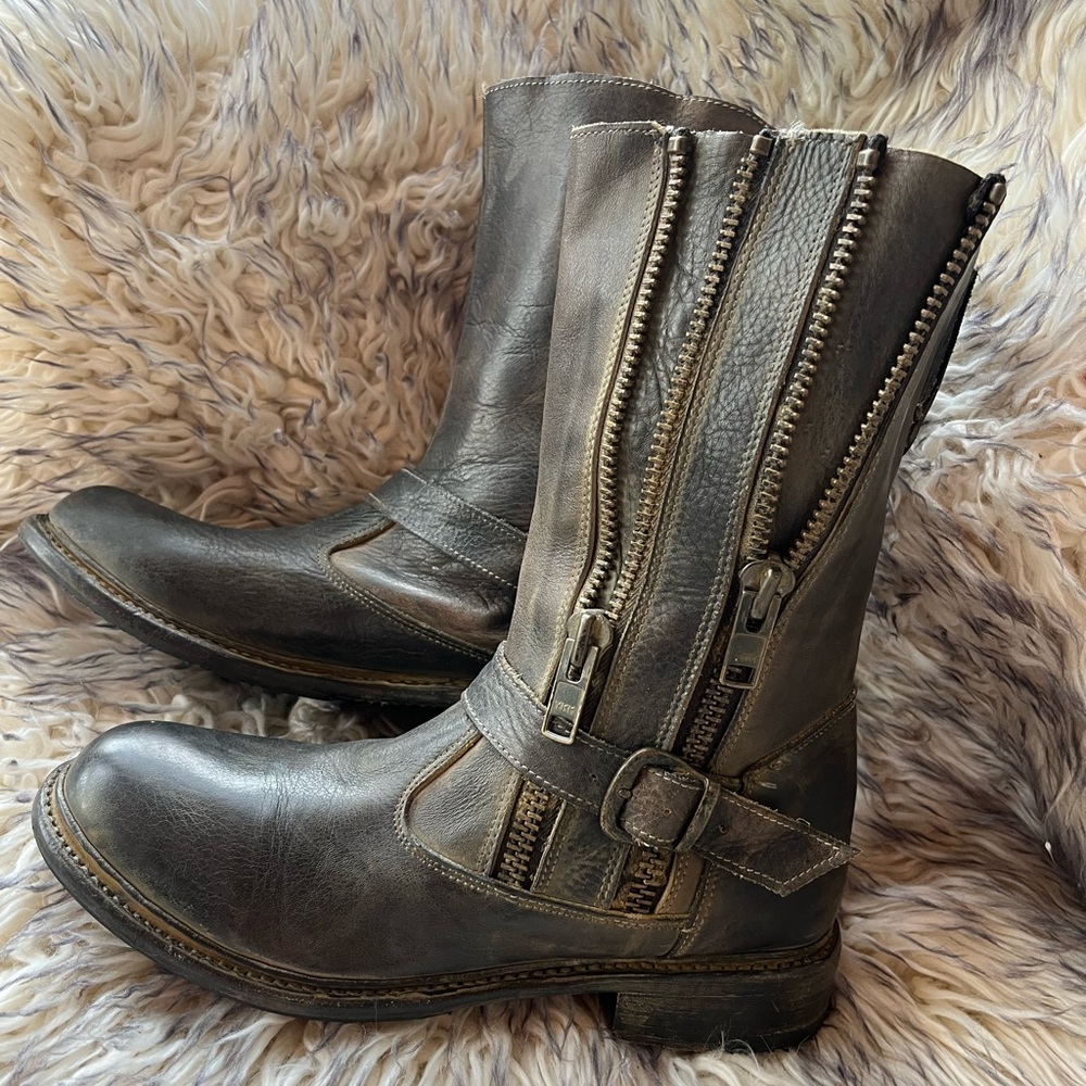 BED|STU Metallic Leather Boots Distressed With Zippers  “ Hustle “ Free People